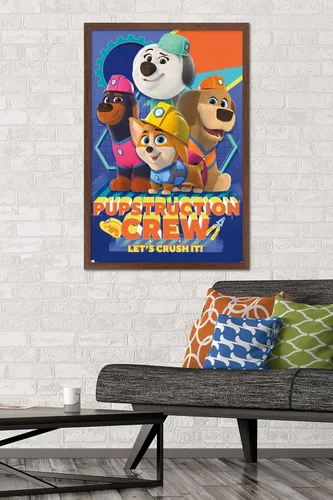 Vista 2 de Disney Pupstruction - Póster de pared de grupo, 34 pulgadas de largo x 22.4 pulgadas de ancho, versión enmarcada de caoba