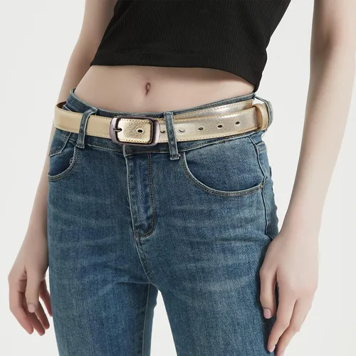 Vista 4 de WEIXUERO Cinturones de cuero dorado para mujer, pantalones de mezclilla brillantes, cinturón brillante para club, vestidos de fiesta