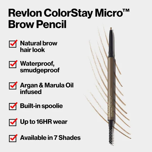 Vista 3 de Revlon ColorStay Micro lápiz de cejas con cepillo de carrete integrado, impregnado con aceite de argán y marula, impermeable, a prueba de manchas