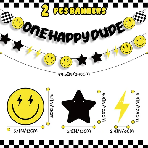 Vista 3 de Crowye Cartel de primer cumpleaños con texto en inglés "One Happy Dude - Cartel de primer cumpleaños hippie con cara sonriente para suministros