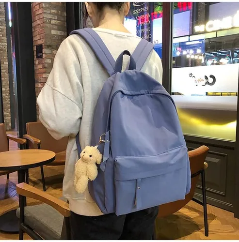 Vista 3 de CYee Cutecore - Mochila estética con colgante de oso, mochila para libros de preparación, suministros escolares, mochila de regreso a clases, Azul