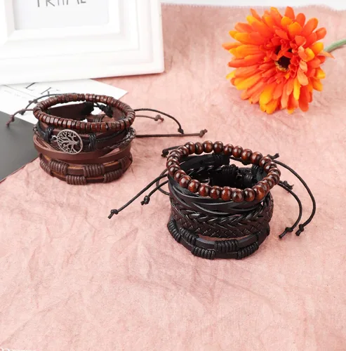 Vista 6 de Hanpabum 18 pulseras de cuero trenzado para hombres y mujeres, pulsera tejida con cuentas de madera, pulseras étnicas tribales ajustables, Cuero