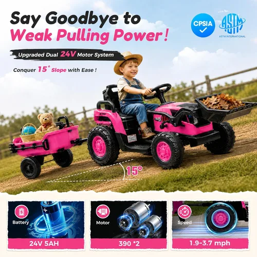 Vista 5 de Tractor de paseo 4 en 1 de 24 V con cargador frontal desmontable Rosa Blaze