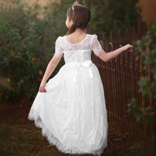 Vista 2 de Una línea de encaje marfil manga larga vestido de niña de las flores Boho rústico vestidos de primera comunión