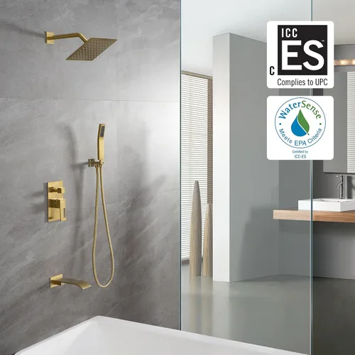 Vista 2 de sumerain Sistema de grifo para bañera y ducha con boquilla de cascada y cabezal de ducha de mano, válvula equilibrada de presión, oro cepillado