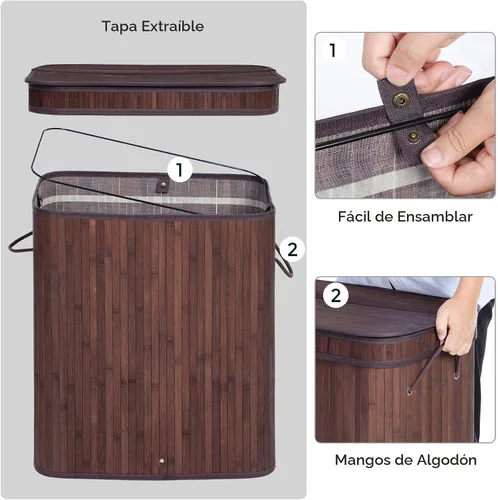 Vista 3 de SONGMICS Cesta de lavandería con tapa, cesta de lavandería de bambú con asas, cesta de almacenamiento plegable para lavandería, dormitorio, 100