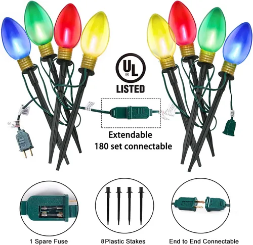 Vista 2 de C9 - Cuerdas de luces LED de Navidad, paquete de 2 cadenas de luces de camino de Navidad de 7 pies con 4 barras de inserción de bombillas LED
