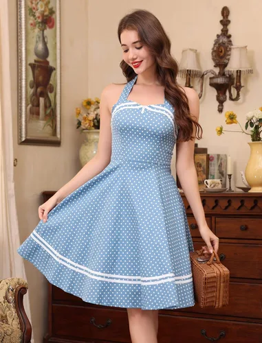 Vista 4 de Vestido de cóctel vintage de los años 50 con botones florales de los años 50, Rockabilly Audrey Hepburn, vestido de fiesta de té, Azulclaro, Grande