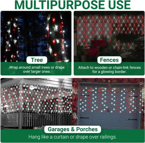 Vista 6 de Red de luces de Navidad – 150 luces LED de malla roja y blanca – 4 pies x 6 pies – Exterior/Interior – Luces de red para arbustos, setos o árboles