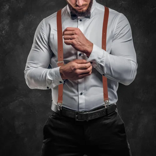Vista 7 de Liguero de cuero genuino para hombre Tirantes de cuero con diseño en Y Regalos de padrinos de boda Liguero ajustable con ganchos Tirantes