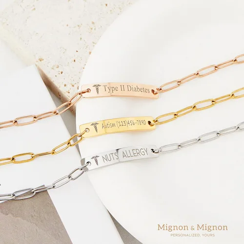 Vista 5 de Medical ID Bracelet for Women Personalized Medical Alert Engraved Diabetic Autism Awareness Bracelet Custom Paperclip Chain Jewelry Prescription