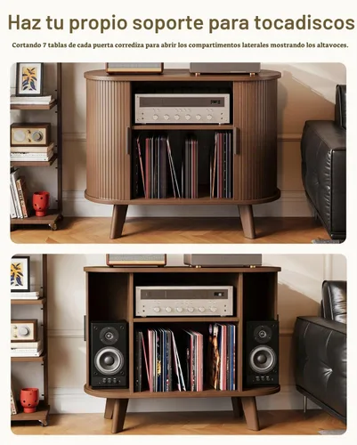 Vista 3 de Soporte para tocadiscos, mueble moderno de mediados de siglo con puertas correderas, gabinete de estantería de audio-video, soporte de medios