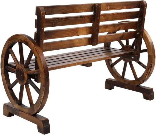 Vista 6 de Banco de ruedas de madera para 2 personas, asiento de madera rústico con asiento y respaldo de listones, color marrón