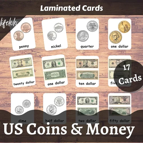 Vista 5 de Generic Tarjetas flash de dinero 17 tarjetas Montessori Tarjetas flash de monedas y billetes estadounidenses Aprendizaje de preescolar