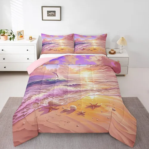 Vista 10 de Castle Fairy Juego de edredón de verano para niños, tamaño individual, diseño náutico reversible con diseño náutico de estrellas de mar, barco y Azul