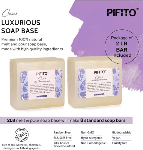 Vista 2 de Pifito Base de jabón transparente para derretir y verter (2 libras) │ Base de jabón de glicerina 100% natural prémium │ Suministros de lujo