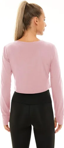 Vista 3 de Chioni.od Camisetas cortas de entrenamiento de manga larga para mujer, camisetas deportivas con agujero para el pulgar