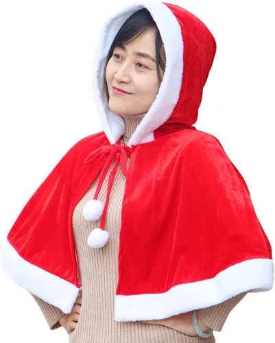 Vista 6 de XGOPTS Capa de terciopelo rojo de Navidad, capa de la señora Santa Claus, bata de Halloween, carnaval, disfraz de cosplay (rojo con capucha)