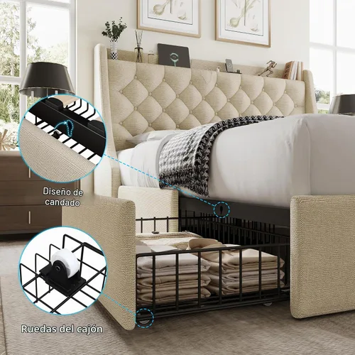 Vista 6 de GalnFu Marco de cama de tamaño completo con 4 cajones de almacenamiento, cabecera tapizada grande tipo wingback, estación de carga rápida,