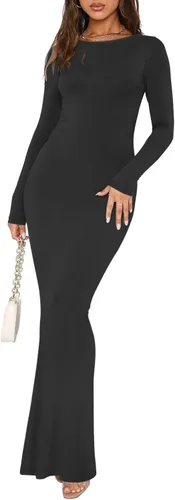 Vista 3 de REORIA Vestido largo sexy con espalda descubierta en V para mujer, para otoño, casual, cuello barco, manga larga, acanalado, bodycon, maxi vestidos