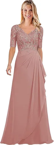 Vista 4 de Women's V-Neck Chiffon Mother of The Bride Dresses Lace Long Ruffle Prom Dress with Half Sleeve Formal Evening Party Gowns