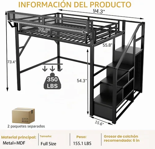 Vista 2 de Mirightone Cama elevada de tamaño completo con escaleras, camas elevadas de metal, estructura de cama elevada con estantes de almacenamiento, cama