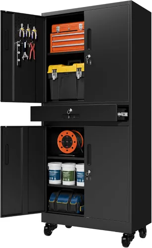 Vista 16 de Gabinete de almacenamiento de metal para garaje con ruedas, armario de herramientas con cerradura con cajón y estantes, gabinete de acero móvil