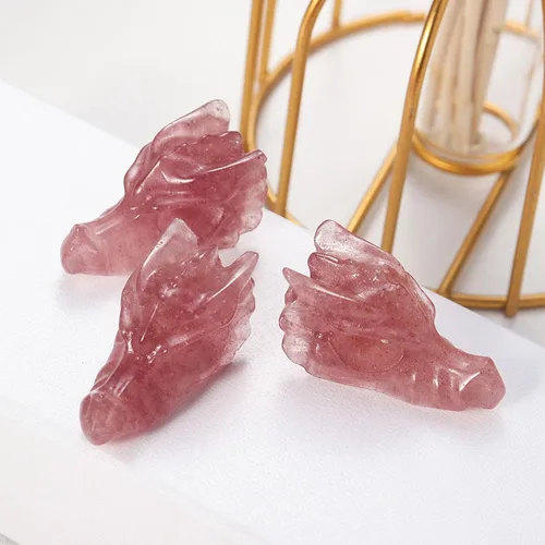 Vista 7 de Estatua de calavera de cabeza de dragón de bolsillo con piedra preciosa natural de cuarzo fresa, escultura de cabeza de dragón tallada con cristal