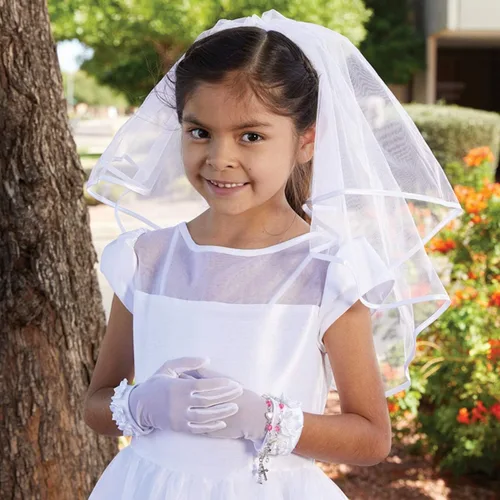 Vista 2 de First Communion Veil blanco con cruz de diamantes de imitación, 54 pulgadas, Blanco