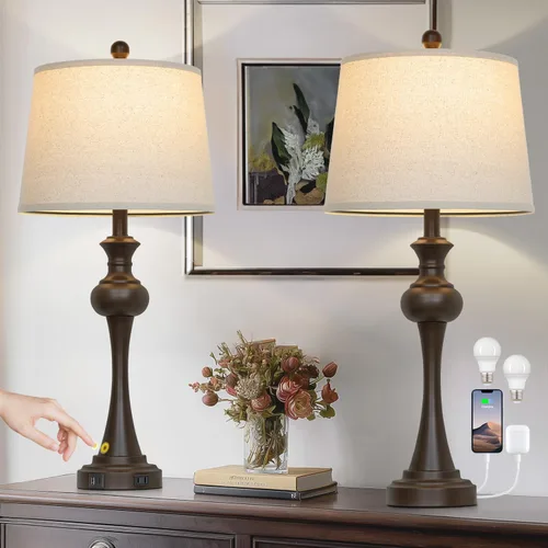 Vista 11 de CINSARY Lámpara de mesa marrón alta de 29", lámpara de noche con control táctil regulable en 3 vías con USB A+C y toma de corriente AC