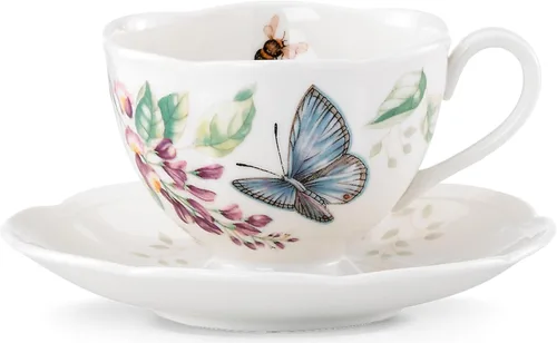 Vista 4 de Lenox Taza y platillo de porcelana Meadow, 1.3 libras, mariposa azul