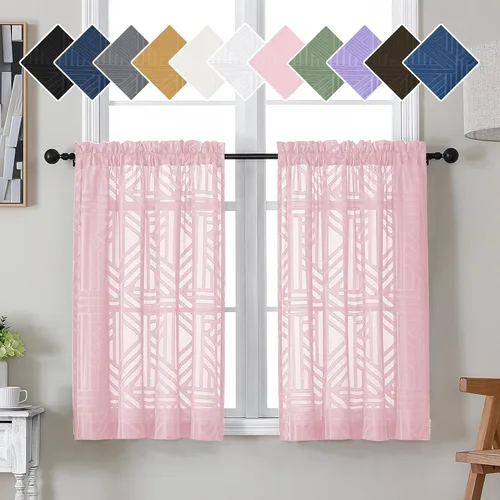 Vista 74 de Simplebrand Cortinas traslúcidas negras de cocina de 24 pulgadas de largo, 2 paneles, filtrado de luz, geométrico jacquard con textura, cortinas