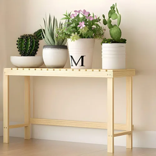 Vista 29 de Soporte rectangular para plantas de madera maciza de 1 nivel, 4 patas, flores, suculentas, rábano verde, de una sola capa, escalera de balcón Marrón