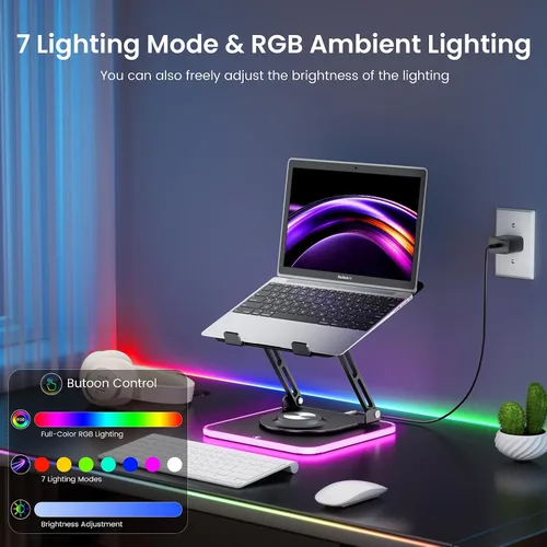 Vista 3 de Soporte para portátil RGB para escritorio, base giratoria de 360°, elevador ergonómico para laptop, soporte de aluminio ajustable en altura