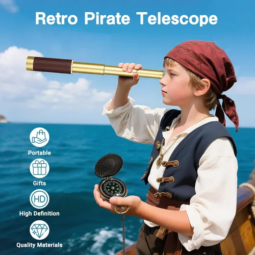 Vista 2 de Telescopio pirata retro 25x30 Spyglass portátil plegable telescopio de mano zoom vintage monocular colección clásica brújula para camping, caza