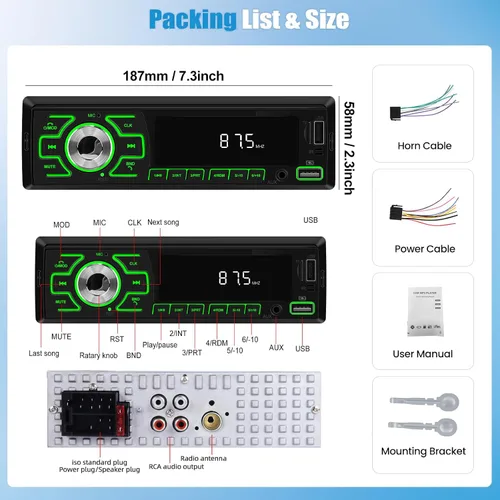 Vista 5 de SIXWIN - Radio para coche de un solo DIN, estéreo Bluetooth, receptor de audio multimedia para coche con control de voz, entrada AUX/USB/TF, control
