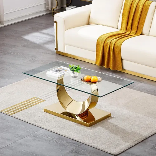 Vista 17 de Mesa de centro de cristal de lujo, mesa de centro de sofá de 47 pulgadas con marco de acero inoxidable dorado y parte superior de vidrio negro, mesa