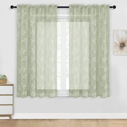 Vista 26 de DWCN Paquete de 2 cortinas traslúcidas pequeñas de encaje floral beige para cocina, cortinas traslúcidas ligeras con bolsillo para barra, cortinas