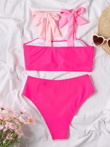 Vista 2 de Floerns Traje de baño bikini de 2 piezas con lazo y hombro para mujer