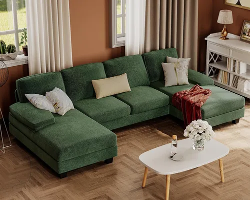 Vista 15 de Furmax - Sofás seccionales para sala de estar, sofá en forma de U con tela de lino, juego de sofá de 4 plazas con doble chaise para apartamento Beige