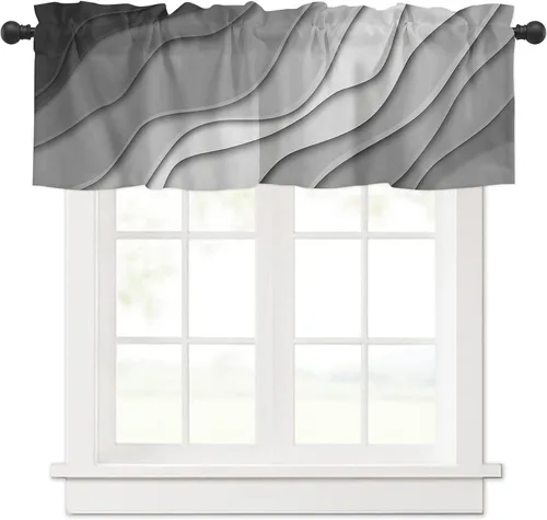 Vista 15 de Cortinas de cenefa con amarre degradado negro gris para ventanas, cortinas modernas geométricas grises para cocina, tratamientos para ventanas Negro