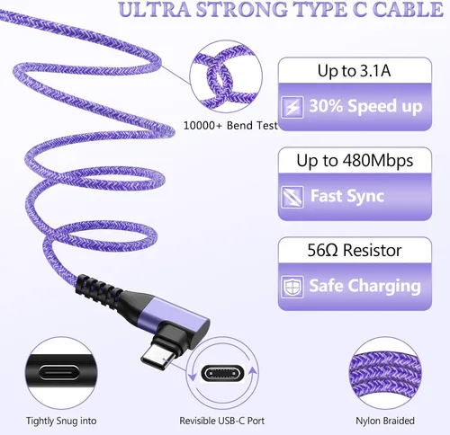 Vista 4 de Cable USB tipo C de 6 pies, 3 unidades de cable de carga rápida en ángulo recto, cable de carga USB C de 3.1 A para iPhone 17 16 15 Samsung Galaxy