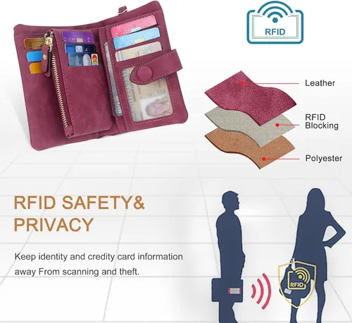 Vista 3 de CONISY Billeteras pequeñas de pulsera para mujer, billetera de cuero plegable RFID con ventana de identificación y cremallera