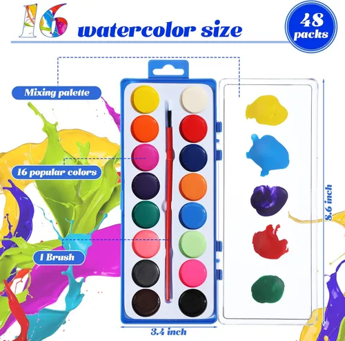 Vista 2 de Jexine Juego de 48 pinturas de acuarela de 16 colores, lavable a granel, pintura de acuarela con pinceles para adultos, actividades artísticas