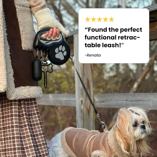 Vista 4 de Correa retráctil para perros pequeños y medianos (hasta 55 libras) - Personalizable, patentado, diseño reflectante, mango ergonómico, incluye Negro