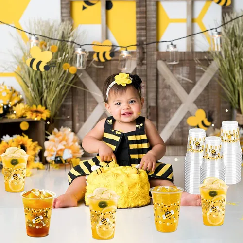 Vista 6 de 100 piezas de vasos de plástico con temática de abejas para fiesta, 12 onzas, vasos desechables de miel, vasos transparentes con lindo tema