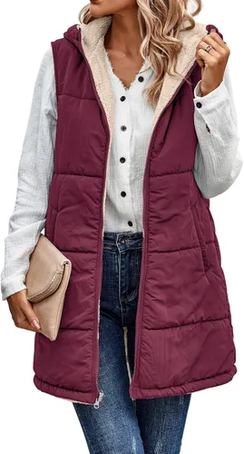 Vista 18 de ECOWISH Chaleco largo acolchado para mujer: chaqueta de forro polar reversible con cremallera para otoño 2025, abrigo de invierno cálido sin mangas