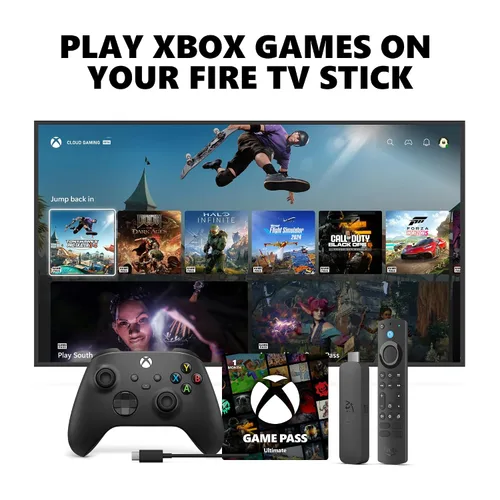 Vista 14 de Xbox Wireless Controller (2025) Carbon Black + Fire TV Stick 4K Game Pass Ultimate 1 Month - Gaming Bundle, Windows, Mobile & Smart TVs
