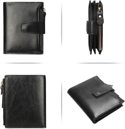 Vista 6 de FT FUNTOR Cartera pequeña para mujer, de piel auténtica, plegable, compacta, con bloqueo RFID, bolsillo con cremallera, ranuras para tarjetas