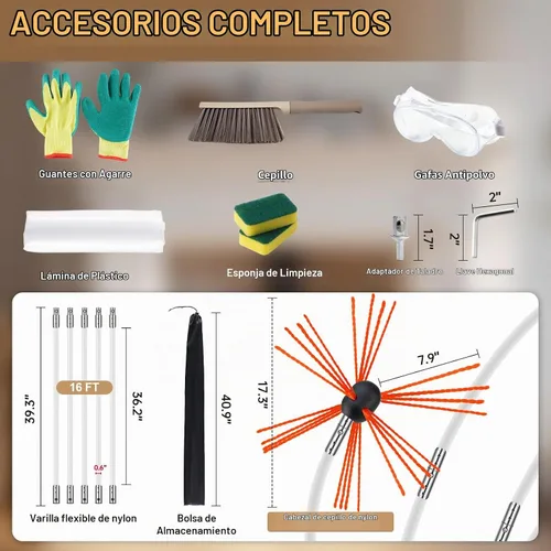 Vista 5 de Kit de barrido de chimenea Bluesea de 16 pies, sistema ergonómico de limpieza de chimenea con cepillo fuerte, se extiende hasta 16 pies, incluye 5